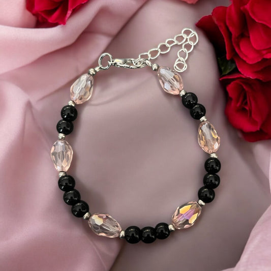 Pink Black and Silver Beaded Bracelet